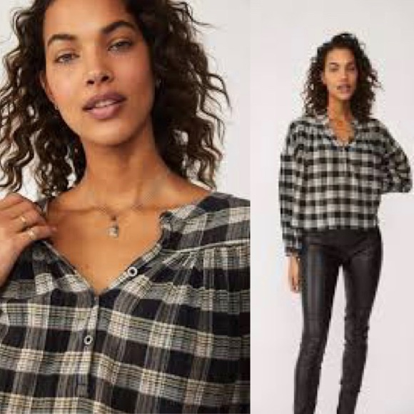 FREE PEOPLE Jessi Plaid Shirt NWT Sz M Black - Picture 2 of 13